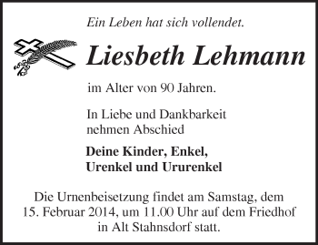 Traueranzeige von Liesbeth Lehmann von Märkische Oderzeitung