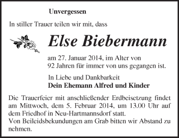 Traueranzeige von Else Biebermann von Märkische Oderzeitung