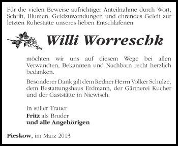 Traueranzeige von Willi Worreschk von Märkische Oderzeitung