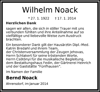 Traueranzeige von Wilhelm Noack von Märkische Oderzeitung