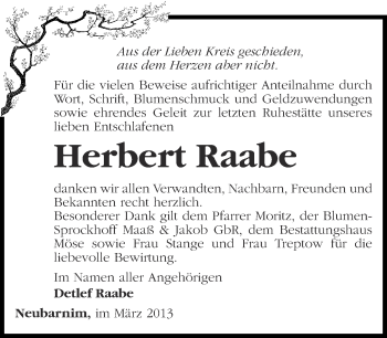 Traueranzeige von Herbert Raabe von Märkische Oderzeitung