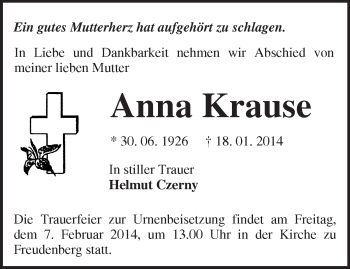 Traueranzeige von Anna Krause von Märkische Oderzeitung