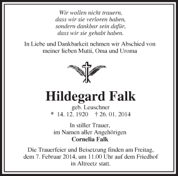 Traueranzeige von Hildegard Falk von Märkische Oderzeitung