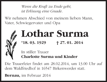 Traueranzeige von Lothar Surma von Märkische Oderzeitung