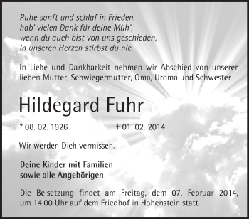 Traueranzeige von Hildegard Fuhr von Märkische Oderzeitung