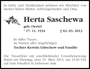 Traueranzeige von Herta Saschewa von Märkische Oderzeitung