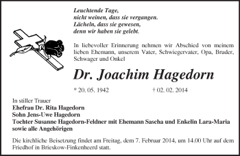 Traueranzeige von Joachim Hagedorn von Märkische Oderzeitung