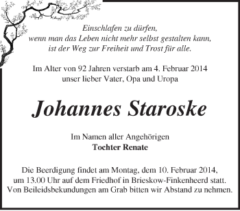 Traueranzeige von Johannes Staroske von Märkische Oderzeitung