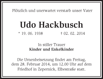 Traueranzeige von Udo Hackbusch von Märkische Oderzeitung