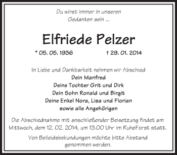 Traueranzeige von Elfriede Pelzer von Märkische Oderzeitung