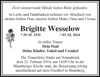 Traueranzeige von Brigitte Wesselow von Märkische Oderzeitung