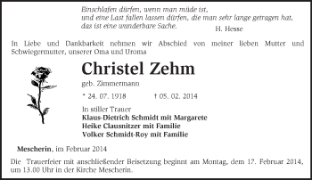 Traueranzeige von Christel Zehm von Märkische Oderzeitung