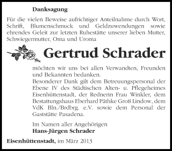 Traueranzeige von Gertrud Schrader von Märkische Oderzeitung