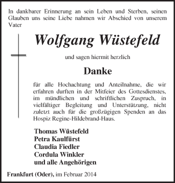 Traueranzeige von Wolfgang Wüstefeld von Märkische Oderzeitung