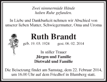 Traueranzeige von Ruth Brandt von Märkische Oderzeitung