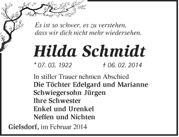 Traueranzeige von Hilda Schmidt von Märkische Oderzeitung