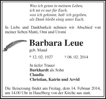 Traueranzeige von Barbara Leue von Märkische Oderzeitung