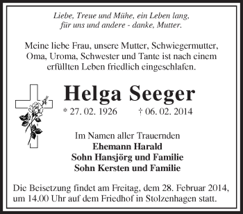 Traueranzeige von Helga Seeger von Märkische Oderzeitung