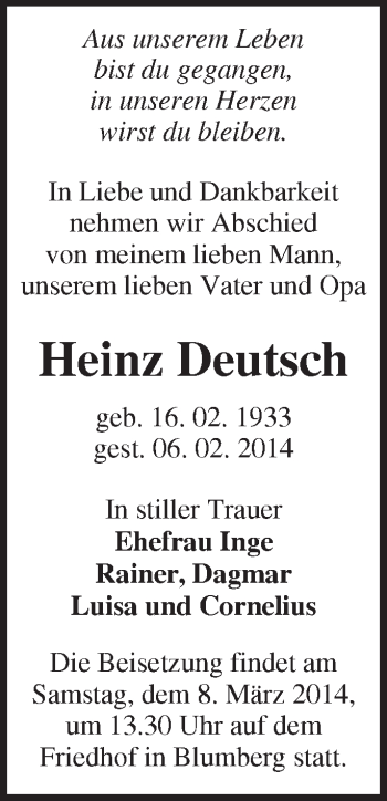 Traueranzeige von Heinz Deutsch von Märkische Oderzeitung