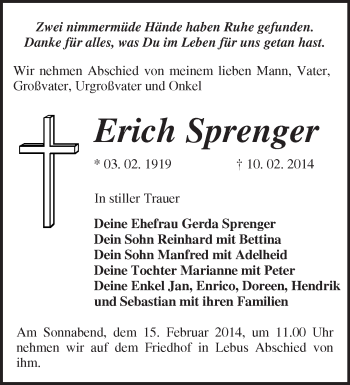 Traueranzeige von Erich Sprenger von Märkische Oderzeitung