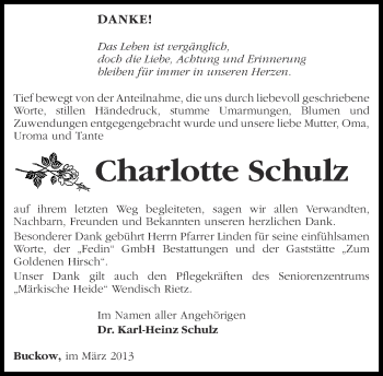 Traueranzeige von Charlotte Schulz von Märkische Oderzeitung
