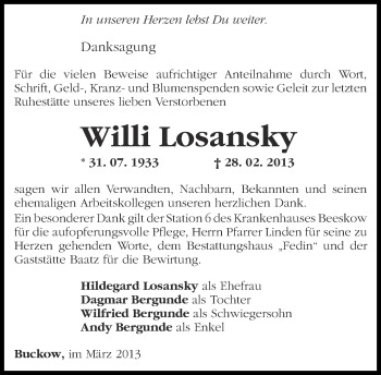 Traueranzeige von Willi Losansky von Märkische Oderzeitung
