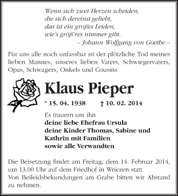 Traueranzeige von Klaus Pieper von Märkische Oderzeitung