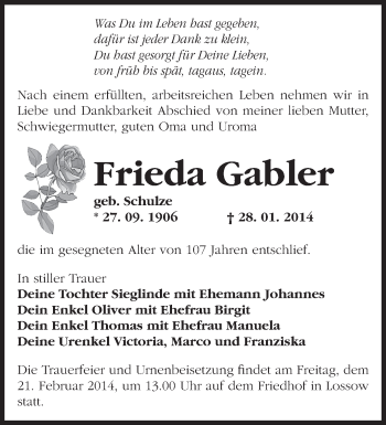 Traueranzeige von Frieda Gabler von Märkische Oderzeitung