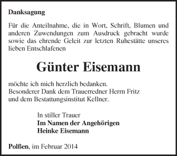 Traueranzeige von Günter Eisemann von Märkische Oderzeitung