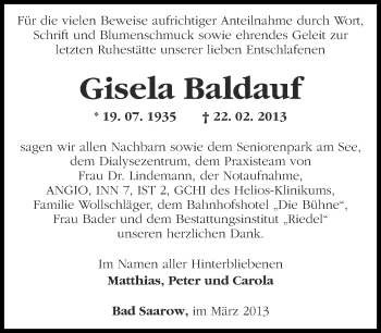Traueranzeige von Gisela Baldauf von Märkische Oderzeitung