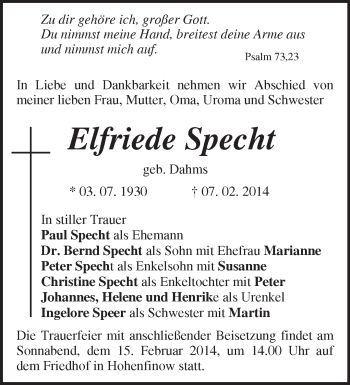 Traueranzeige von Elfriede Specht von Märkische Oderzeitung