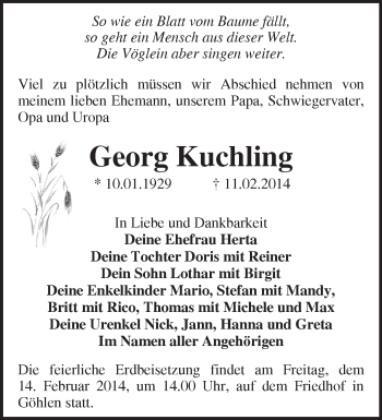 Traueranzeige von Georg Kuchling von Märkische Oderzeitung