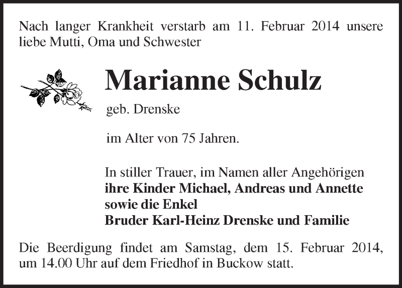  Traueranzeige für Marianne Schulz vom 14.02.2014 aus Märkische Oderzeitung