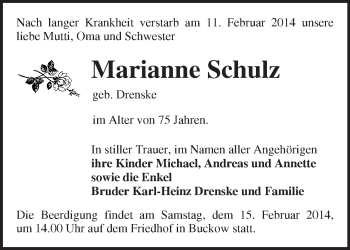 Traueranzeige von Marianne Schulz von Märkische Oderzeitung