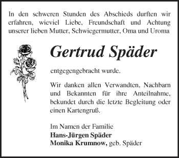 Traueranzeige von Gertrud Späder von Märkische Oderzeitung