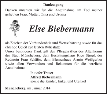 Traueranzeige von Else Biebermann von Märkische Oderzeitung