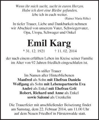 Traueranzeige von Emil Karg von Märkische Oderzeitung
