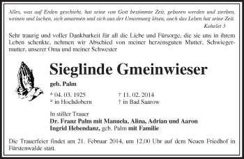 Traueranzeige von Sieglinde Gmeinwieser von Märkische Oderzeitung