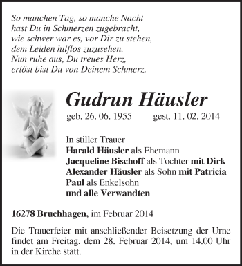 Traueranzeige von Gudrun Häusler von Märkische Oderzeitung