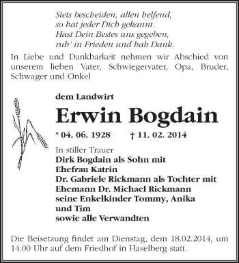 Traueranzeige von Erwin Bogdain von Märkische Oderzeitung