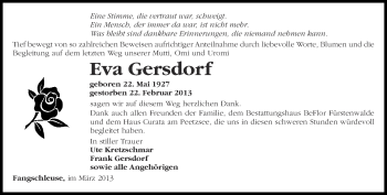 Traueranzeige von Eva Gersdorf von Märkische Oderzeitung