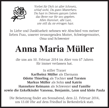 Traueranzeige von Anna Maria Müller von Märkische Oderzeitung