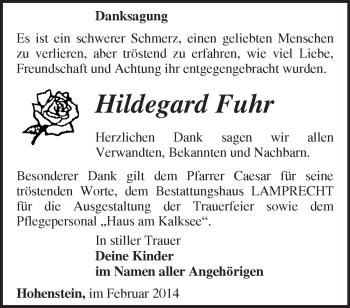 Traueranzeige von Hildegard Fuhr von Märkische Oderzeitung