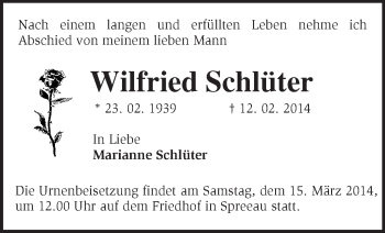 Traueranzeige von Wilfried Schlüter von Märkische Oderzeitung