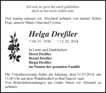 Traueranzeige von Helga Dreßler von Märkische Oderzeitung