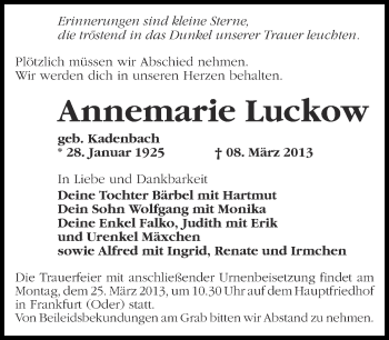 Traueranzeige von Annemarie Luckow von Märkische Oderzeitung