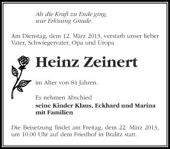 Traueranzeige von Heinz Zeinert von Märkische Oderzeitung