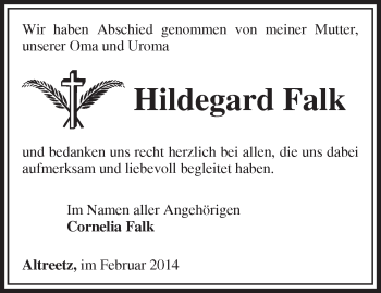 Traueranzeige von Hildegard Falk von Märkische Oderzeitung