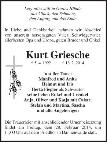 Traueranzeige von Kurt Griesche von Märkische Oderzeitung