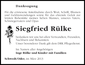 Traueranzeige von Siegfried Rülke von Märkische Oderzeitung